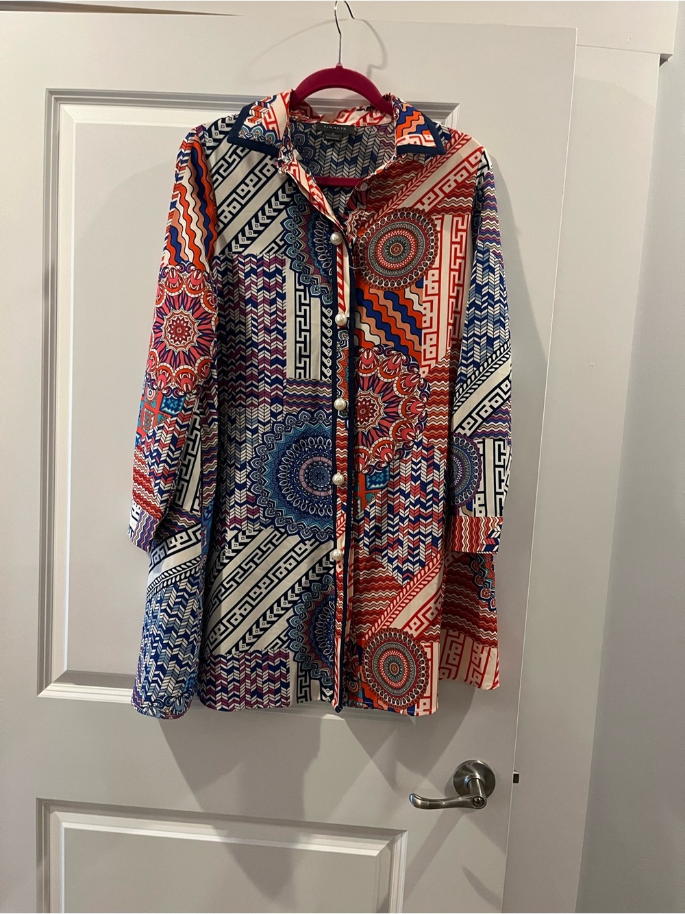 Colorful Geometric & Medallion Button-Down Shirt Dress - Red, Blue & White